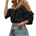 thumbnail image 2 of Qulqfy Womens Ruffle Blouses Black Off the Shoulder Strappy V Neck Blouses Fall Women Pure Shirts XL, 2 of 5