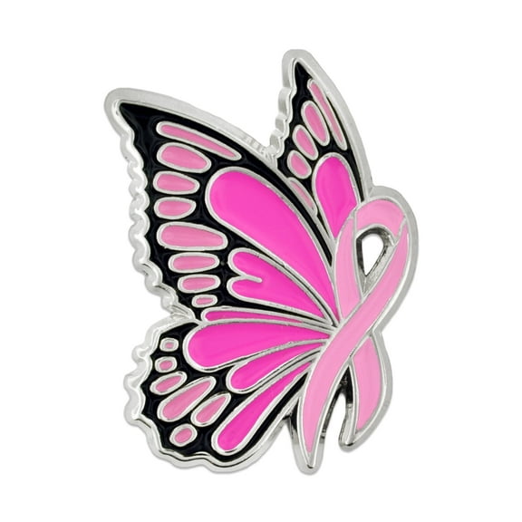 PinMart Breast Cancer Awareness Butterfly Pink Ribbon Enamel Lapel Pin - Nickel Plated Enamel, Single or Bulk Pack.