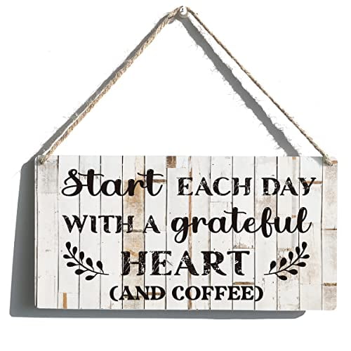 Novelty Kitchen Gift Signs Farmhouse Start Each Day With a Grateful Heart and Coffee Wooden Hanging Sign Rustic Wall Art Home Kitchen Office Decorationes 8x12 Inch