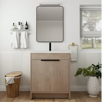 30 Inch Freestanding Bathroom Vanity with White Resin Sink & 2 Soft-Close Cabinet Doors, Light Oak