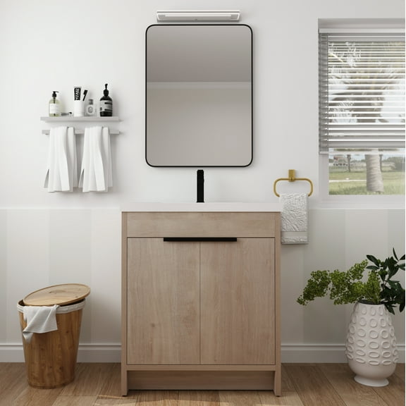 30 Inch Freestanding Bathroom Vanity with White Resin Sink & 2 Soft-Close Cabinet Doors, Light Oak