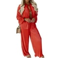 thumbnail image 2 of VISgogo Mujeres Casual 2 piezas Conjunto de ropa Color sólido Solapa Manga larga Camisas con botones con pantalones largos sueltos VISgogo moda, 2 of 3