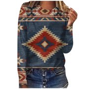 ZQGJB Western Shirts for Women Long Sleeve Vintage Aztec Print Crewneck Tees Tops Lightweight Loose Comfy Trendy Pullover Cozy Blouse(Khaki#01,L)