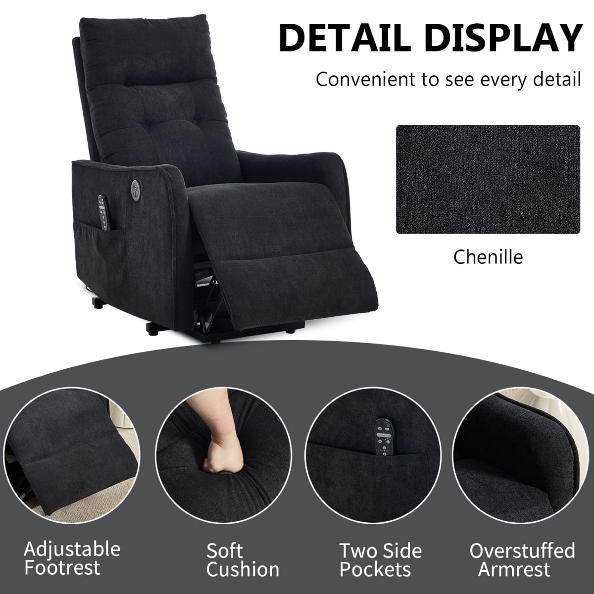 Black Chenille Single Motor Power Lift Recliner Chair with Massage and Heat for Elderly, Heavy Duty Motion Mechanism and One USB for Charging, Max Reclining Angle 155 °