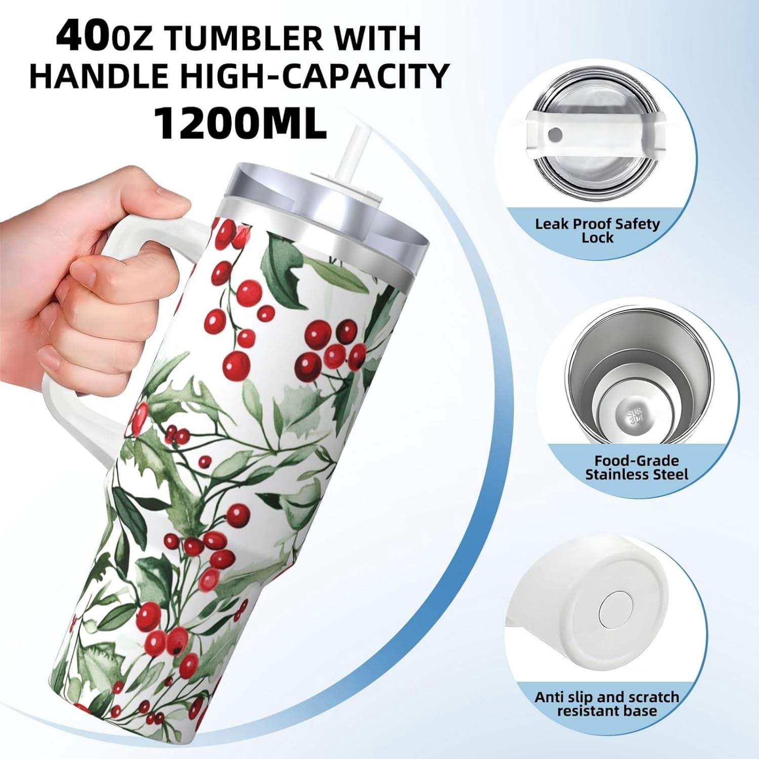 Christmas Holly 40 Oz (1200 ml) Insulated Coffee Tumbler with Handle and Straw Lid, Reusable Stainless Steel Travel Mug Cup for Women Men Party Birthday Gifts