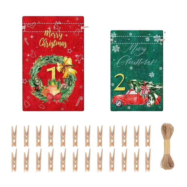 A Christmas Kids Candy Hanging Bag Advent Calendar Countdown Linen Gift Bag Holiday Decor Set Includes 24 Bags Clips Lanyards Rope 5.12 X 6.8 Inches 350G 1Pc 0.77 Lb