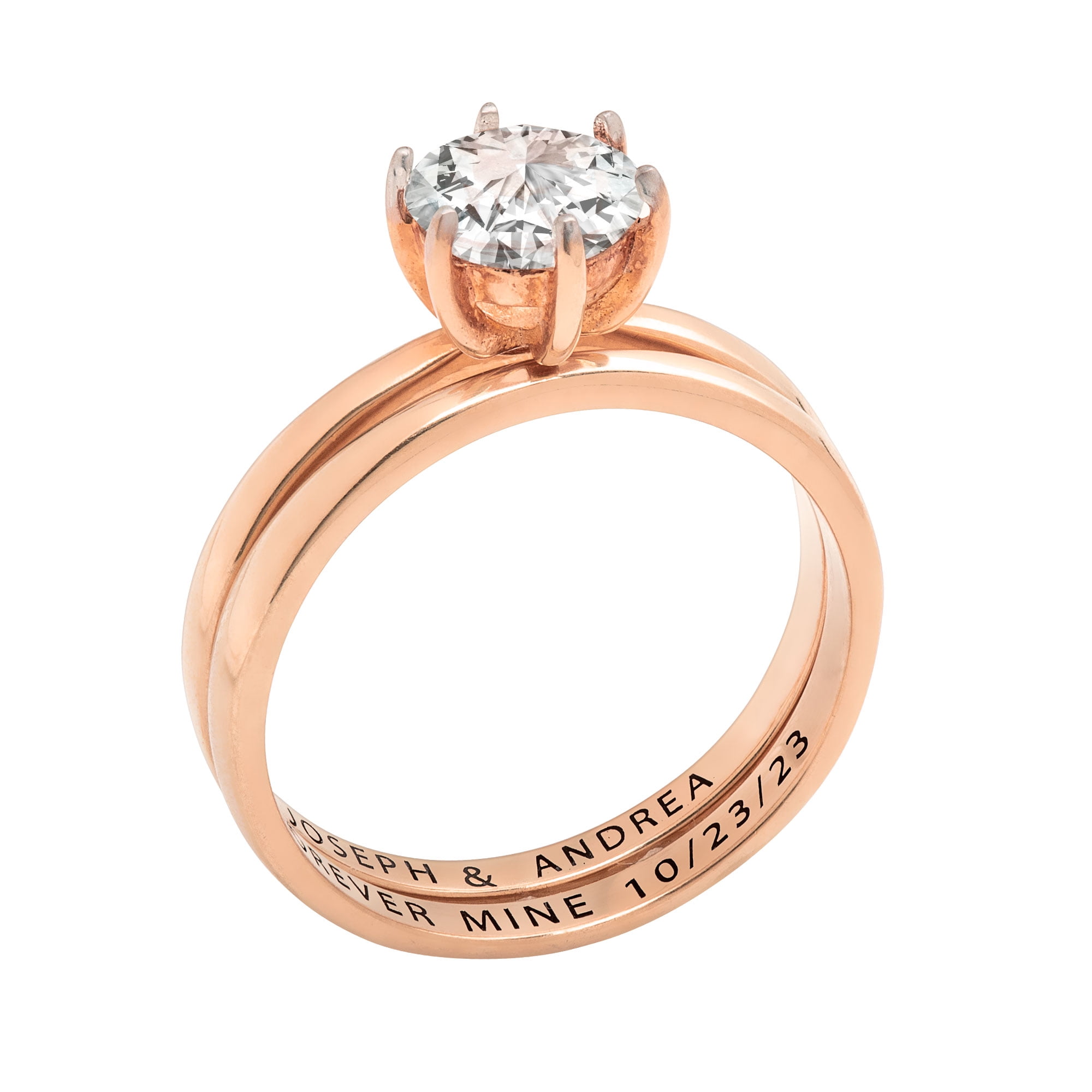 Vow & Forever Personalized Planet Bridal 14K Rose Gold over Sterling Silver Round White Topaz 2-Piece Engraved Wedding Ring Set ,Women's