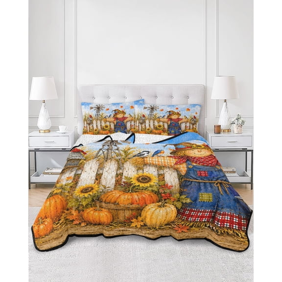 Quilts King Size, Fall Soft Comforter Bedding Set for Bed, Thanksgiving Country Pumpkins Sunflowers Maple Leaves Lightweight Quilted Bedspread with Pillow Cover(2 Pieces) for All Season, 96x106 Inch