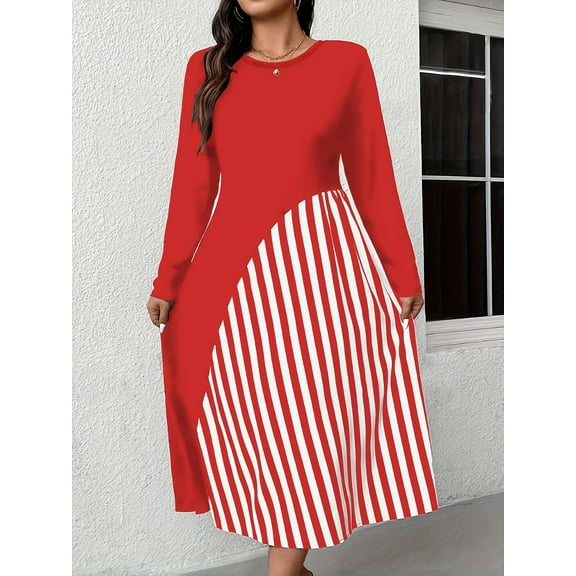 Sporty and fashionable extra plus-size red and white striped paneled dress, color-blocked crew neck long-sleeve casual wear
