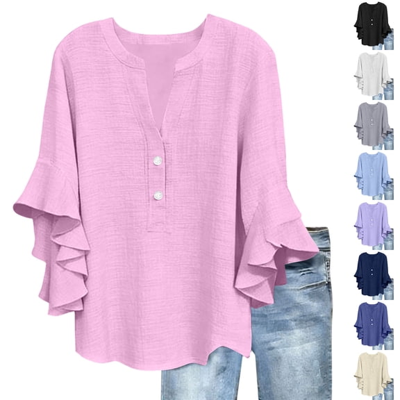 Hilenly Boho Tops for Women 3/4 Ruffle Sleeve Blouse V Neck Cotton Linen Shirts Tunic Shirts