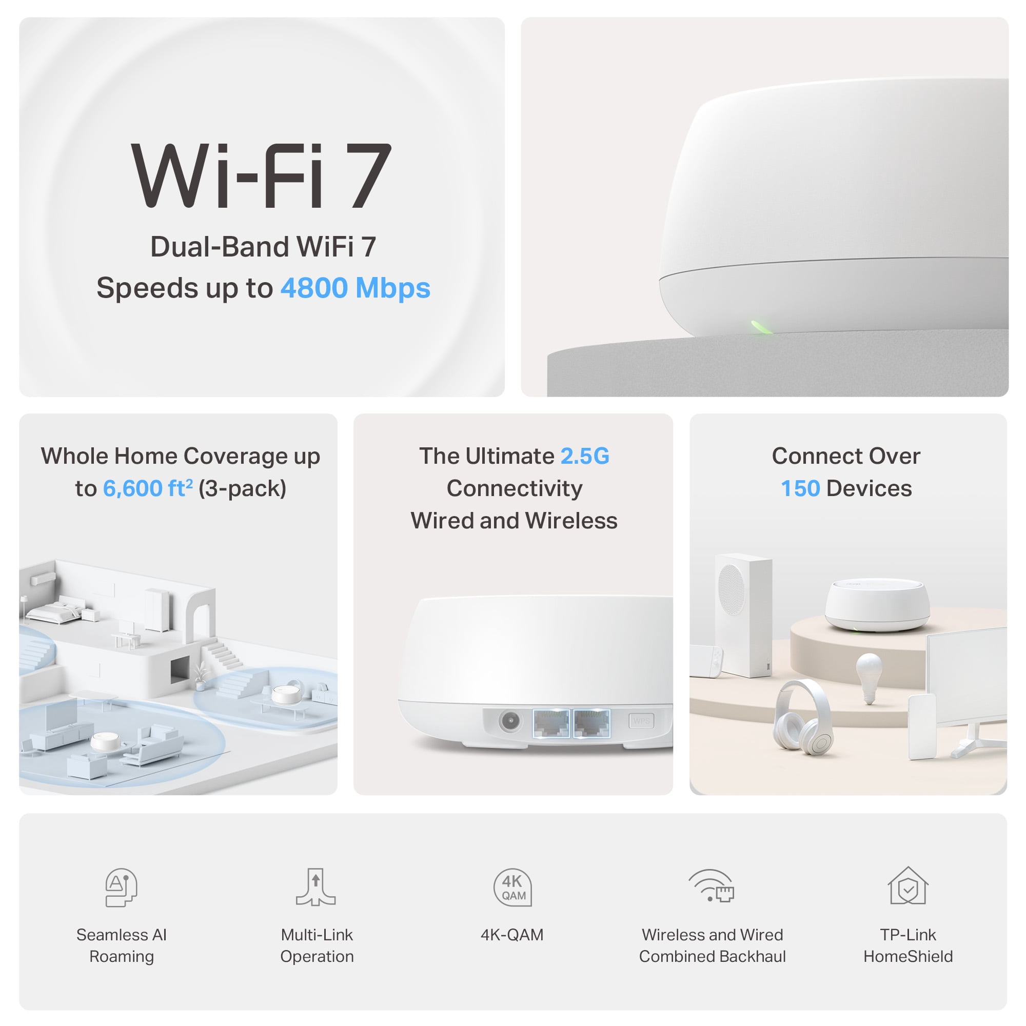 TP-Link – Deco 7 BE4800 Dual-Band Wi-Fi 7 Home Mesh System, 3-Pack (Deco WB14400) – Covers up to 6,600 Sq. Ft.