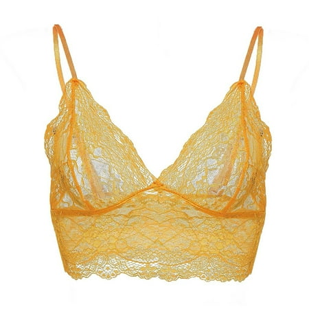 

QWERTYU Wireless V Neck Bralettes for Women Lace Everyday Unppaded See Through Bra with Strap Yellow 3XL