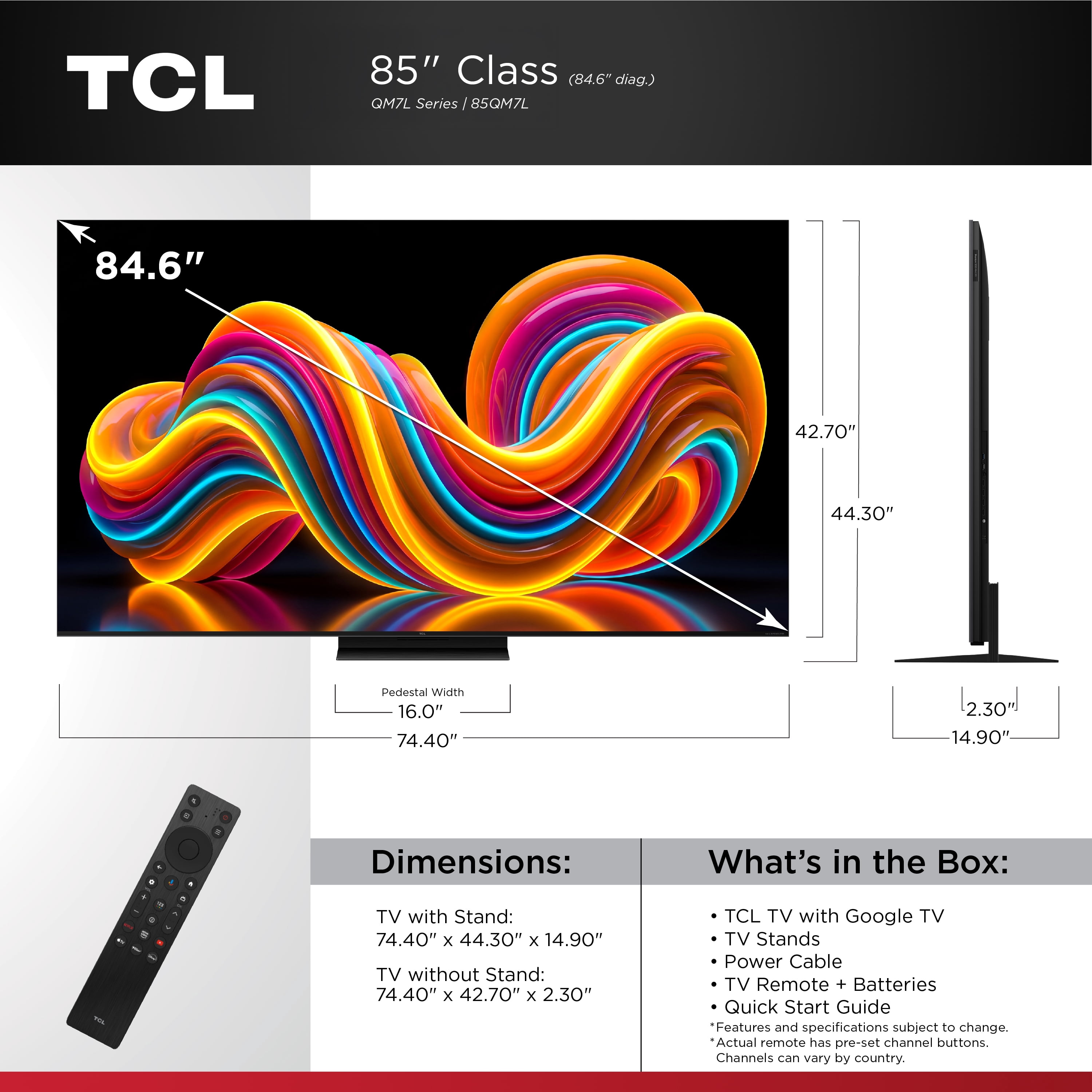 TCL 85” QM7L Series SQD-Mini LED QLED Smart Google TV (NEW 2026) - TCL Deep Color System with Super QLED, Up to LD2100 Precise Dimming Series, Up to HDR3000 Peak Nits, Bang & Olufsen Audio - 85QM7L