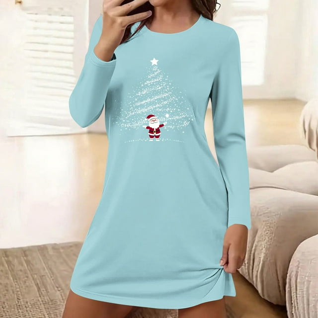 Camisón corto holgado y cómodo con cuello redondo y manga larga estampado para mujer