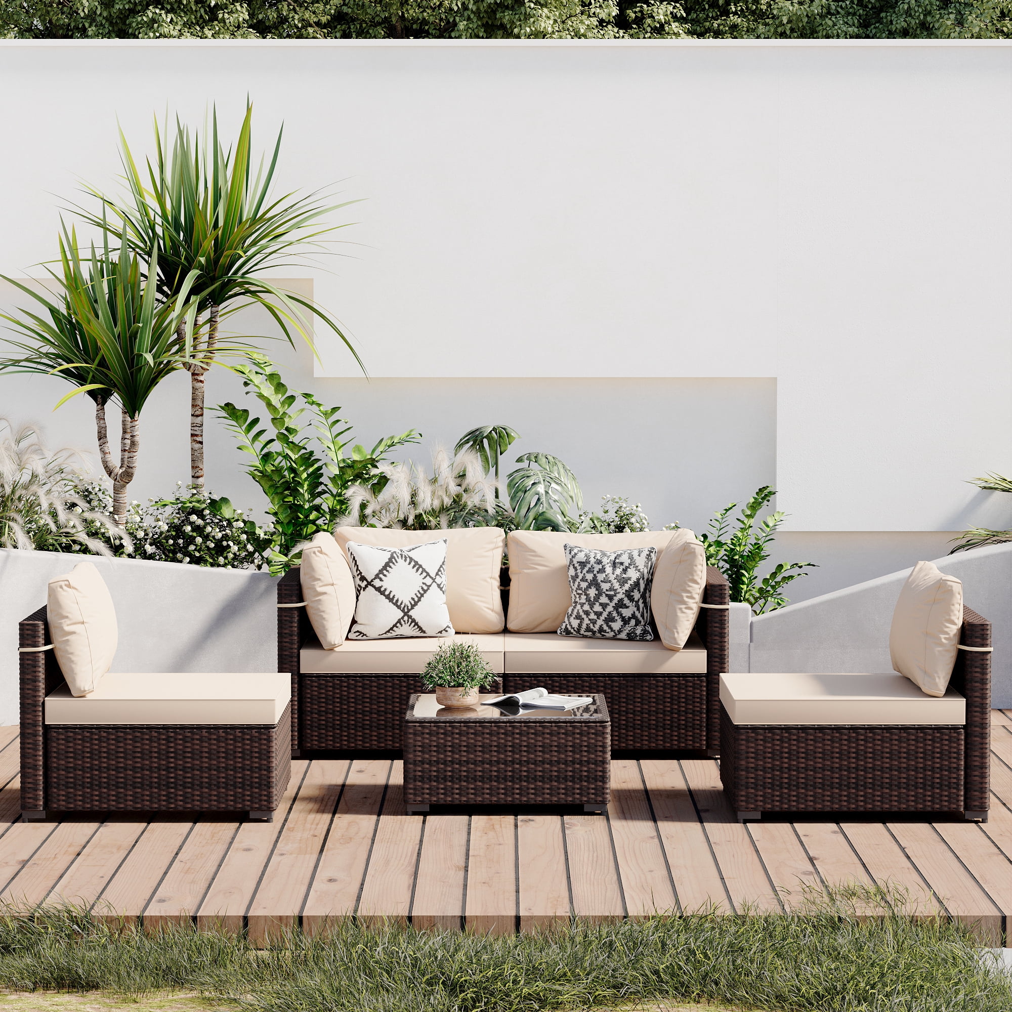 UPHA 5 Pieces Outdoor furniture Sets Patio Sectional Couch Wicker Conversation Sofa for Pools Outside, Gardens, Decks, Brown Rattan, Beige Cushion
