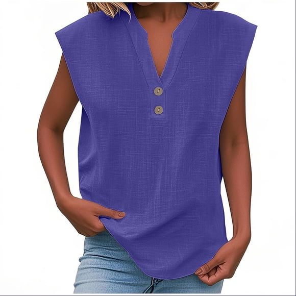 Linen Cotton T Shirt Women, 2025 New Trendy Short Sleeve Tee Shirts Casual Boho Button V Neck Tunic Blouses Gym Oversized Shirts for Lady Dark Purple M
