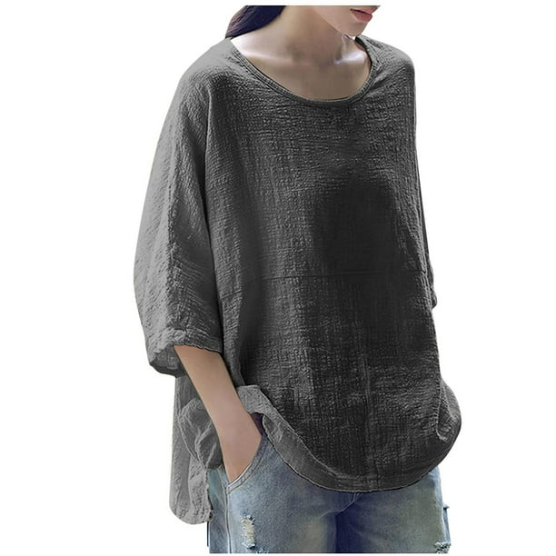 QLEICOM Women Plus Size Cotton Linen Tops Summer Solid Loose Basic Tops ...