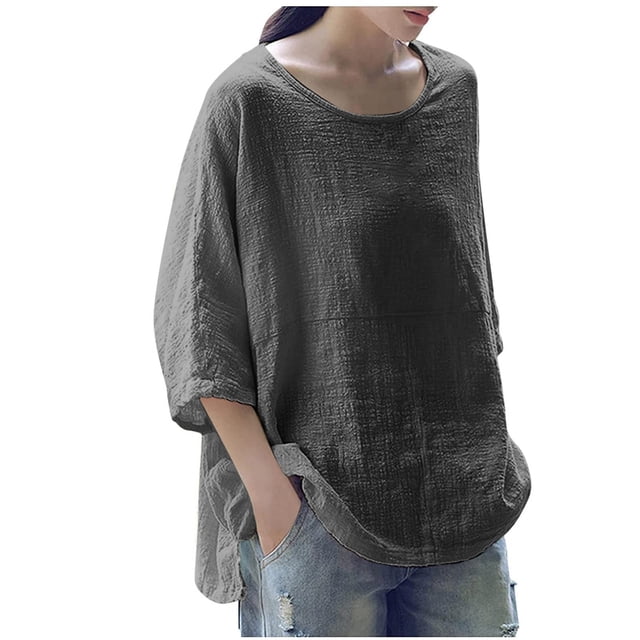 Besolor T-Shirts à Manches 3/4 pour Femmes Grande Taille Décontractés Amples en Coton Lin Col Rond Tunique d'Été