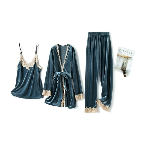 Batas Para Mujer, Bata de Baño, Pijama Aterciopelado, Camisón, Abrigo Con Tirantes, Pantalón, Ropa Para El Hogar, 3 Piezas Odeerbi ODB141808