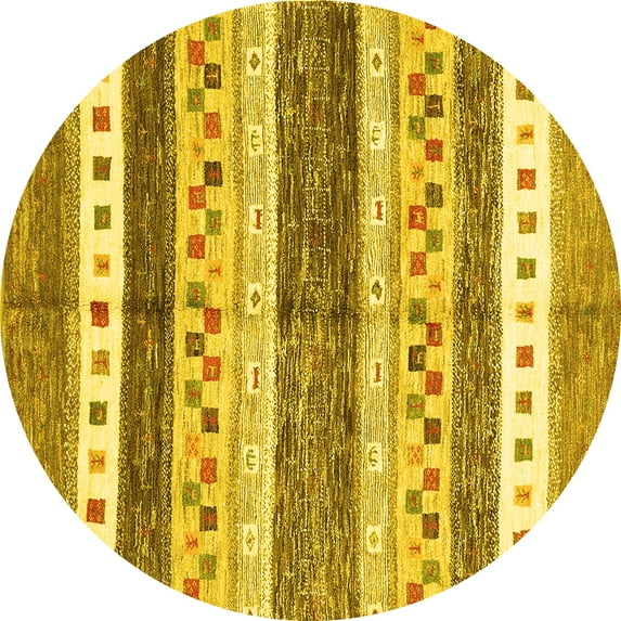Ahgly Company Machine Washable Indoor Round Abstract Yellow Contemporary Area Rugs, 7' Round