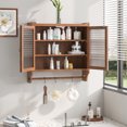 thumbnail image 2 of 24.8'' Vintage Wall Cabinet with Glass Door, Double Fluted Door Storage Cabinet with 3 Tiers of Storage and Towel Rack, for Kitchen, Dining Room, Bathroom, Brown, 2 of 9