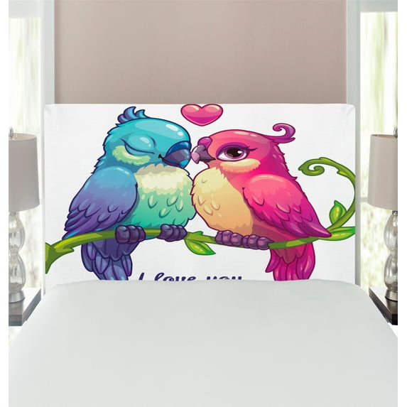 Animal Headboard, Parrot Couple on the Branch with Heart Deep Intimate Mutual Feelings Art, Upholstered Decorative Metal Bed Headboard with Memory Foam, Twin Size, Pink Teal White, by Ambesonne