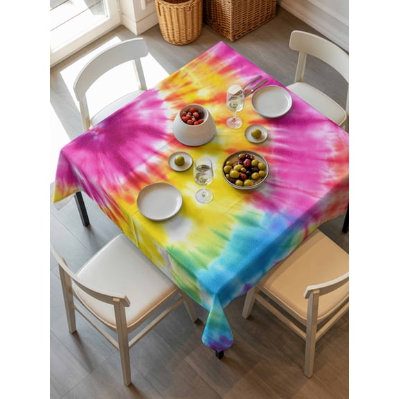 Colorful Boho Tablecloth Square Table Cloth 54x54, Waterproof Tablecloth Outdoor Table Cloth, Pink Yellow Blue Green Tie Dye Abstract Art Washable Table Cover for Kitchen Dinning Party