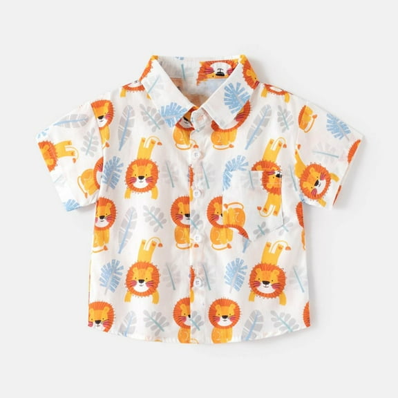 Nrmvnmi Boy's Summer T-shirt Cute Lion Print Short Sleeve Turndown Collar Button Shirt Cotton Tops For 3-8 Years