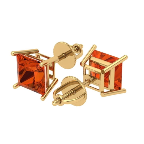 4 Ct Princess Cut Studs Red Crystal 18K Yellow Solid Gold Everyday Dainty Earrings Screw Back