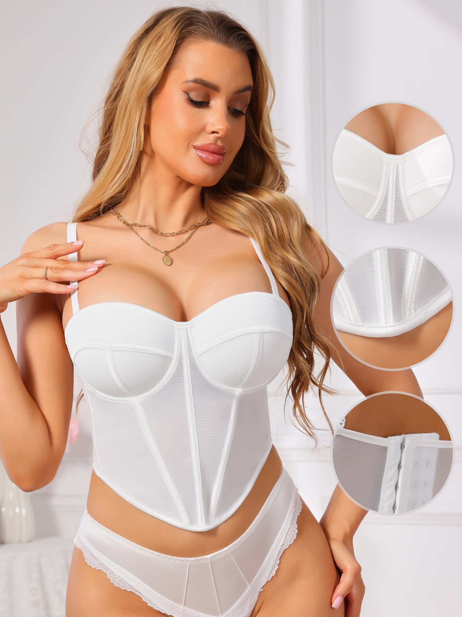 DARING DIVA Women's Mesh Sheer Corset Tops Sleeveless Underwired Bustier 2XL White