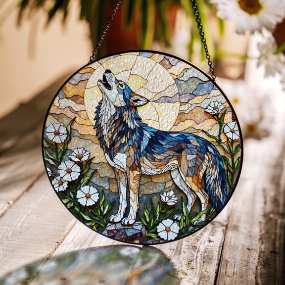 Howling Wolf Glass Suncatcher, Moonlight Forest Window Decor, 7.9 in