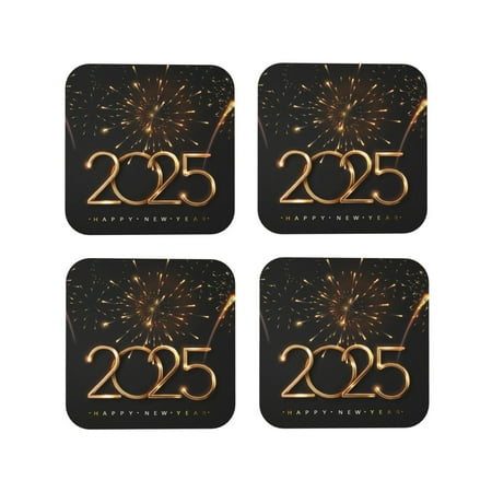 

Lukts 2025 Golden On New Year Print Leather Drinks Coasters Set of 4 Suitable or Drinks Furniture Protection and Easy Clean up-Square