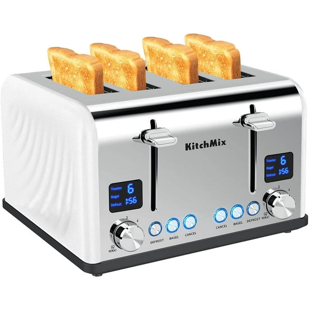 Toaster 4 Slice, Bagel Stainless Toaster with LCD Timer, Extra Wide Slots, Dual Screen, Removal Crumb Tray (White)