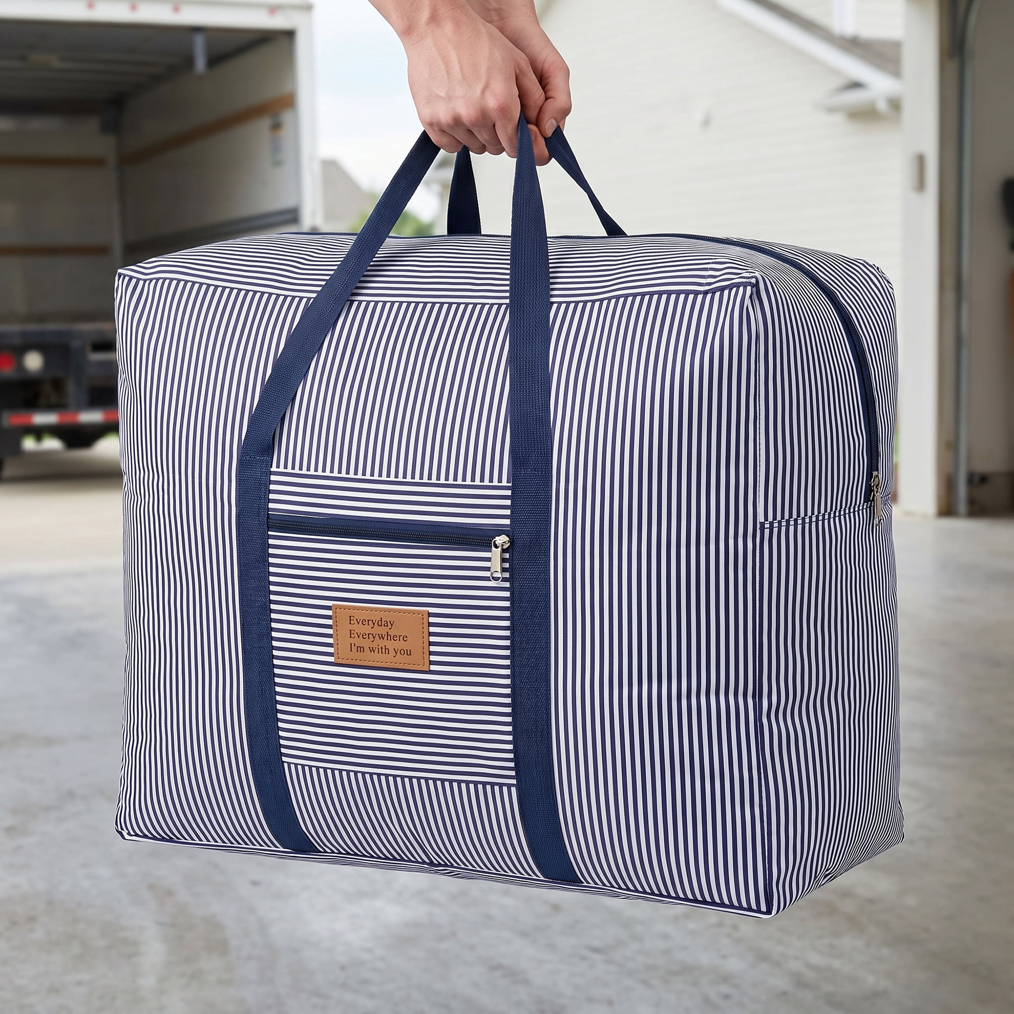 Unique Bargains Large Capacity Striped Oxford Travel Bag Navy Blue 23.6" x 19.7" x 11.8"
