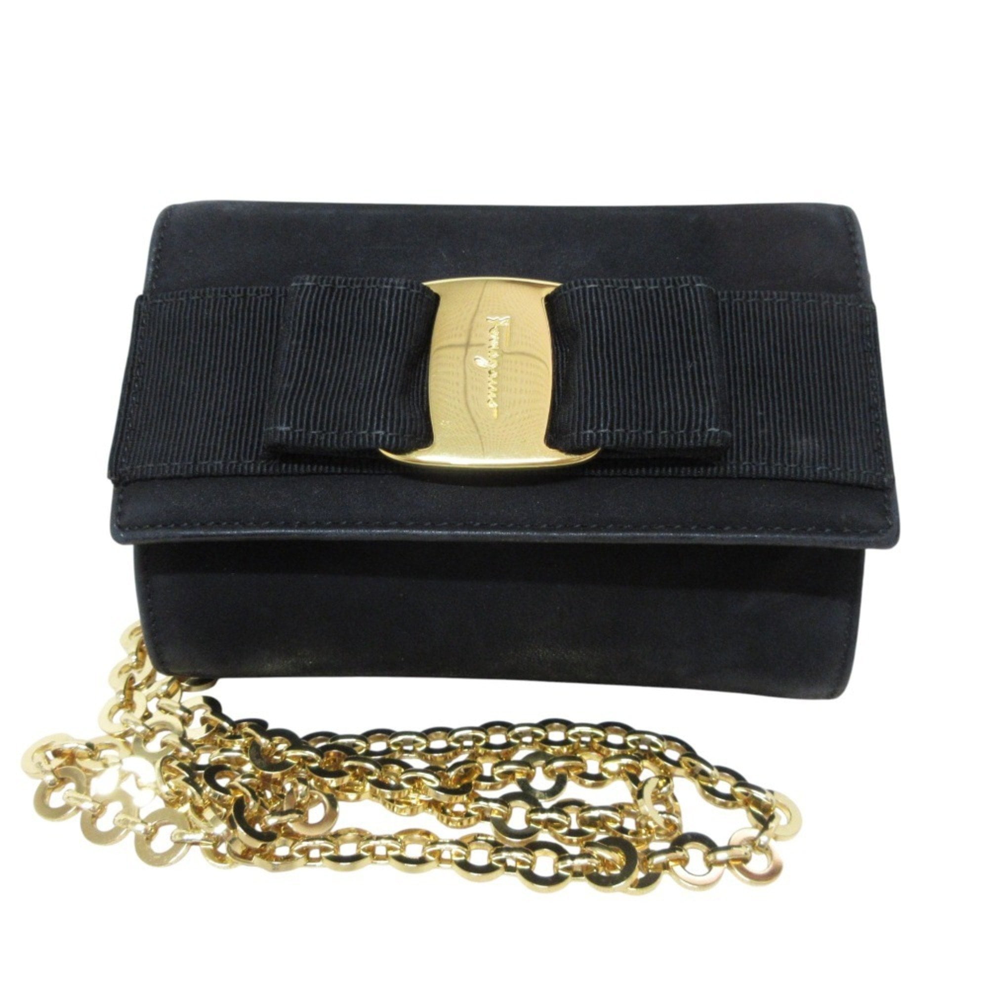 Pre-Owned Salvatore Ferragamo Vara Ribbon Suede Chain Shoulder Bag Pouch Black Women's (Good)