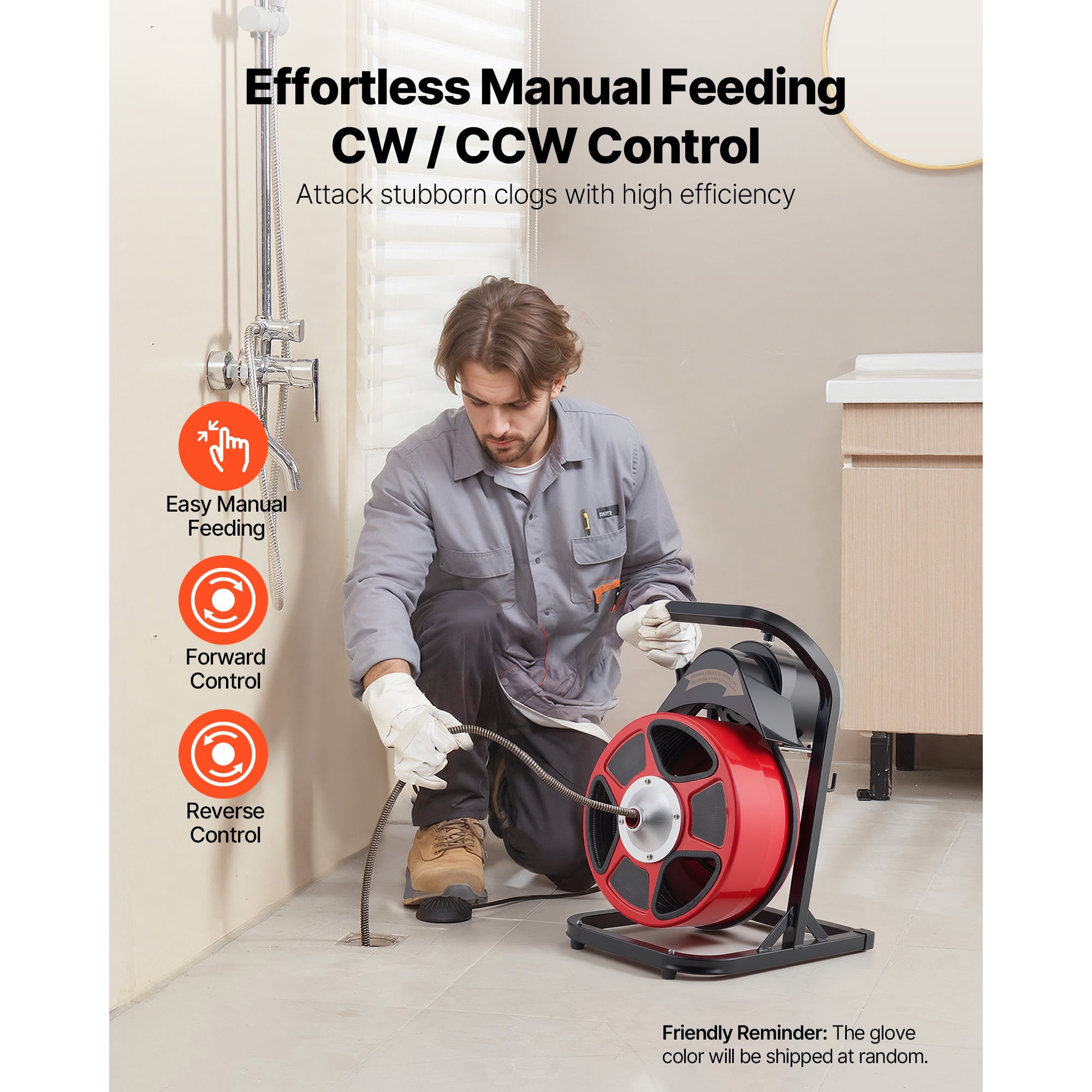 KFFKFF Drain Cleaning Machine 50 FT x 1/2 Inch, Manual Feed Sewer Snake with 4 Cutting Tools & Foot-Activated Switch for 2" to 6" Pipes