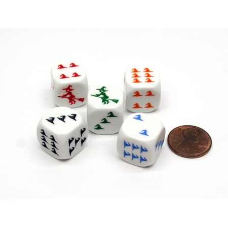 Pack of 5 Witch Halloween Themed 16mm Dice - White with Different Color Etches
