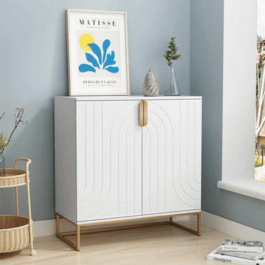 Accent Wood Grain Cabinet with 2 Doors, Storage Cabinet Sideboard with Gold Metal Legs for Living Room,Entryway and Kitchen Dining Room, White