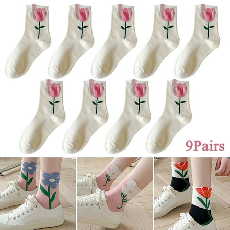

9Pairs/Set Flower Pattern Socks Solid Color Cute Kawaii Tulip Flower Cotton Sock for Girl