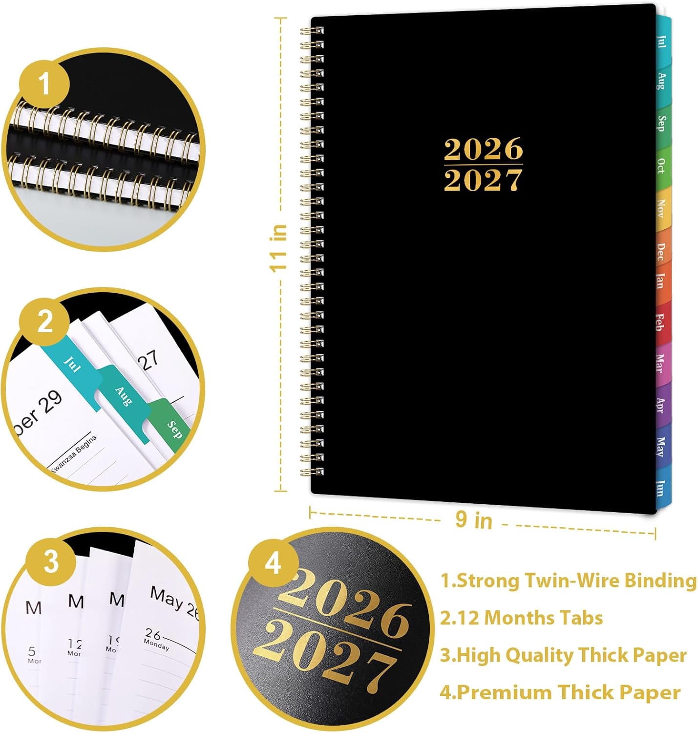Planner 2026-2027 - Academic Planner 2026-27, Jul.2026 - Jun.2027, 9"x11", 2026-2027 Planners Weekly and Monthly with Colorful Tabs + Class Schedules + Back Pocket + Twin-Wire Binding - Black