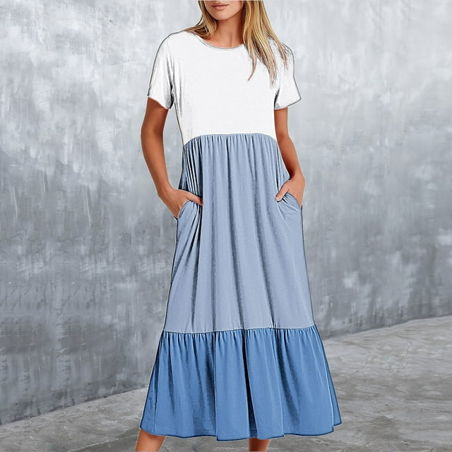 Fankiway Robe Longue Ample à Manches Courtes avec Poche et Col Rond Imprimé pour Femmes Rondes Robes de Printemps pour Femmes 2654