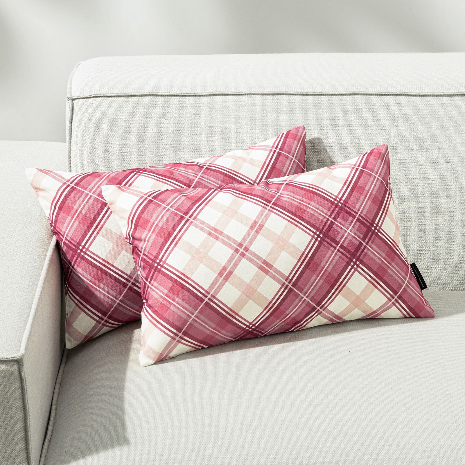 Phantoscope Buffalo Plaid Decorative Throw Pillows with Inserts, Double-Sided Printed Checkered Design, 12 x 20 in, Pink, 2 Pack