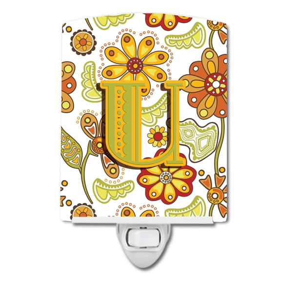 Letter U Floral Mustard and Green Ceramic Night Light