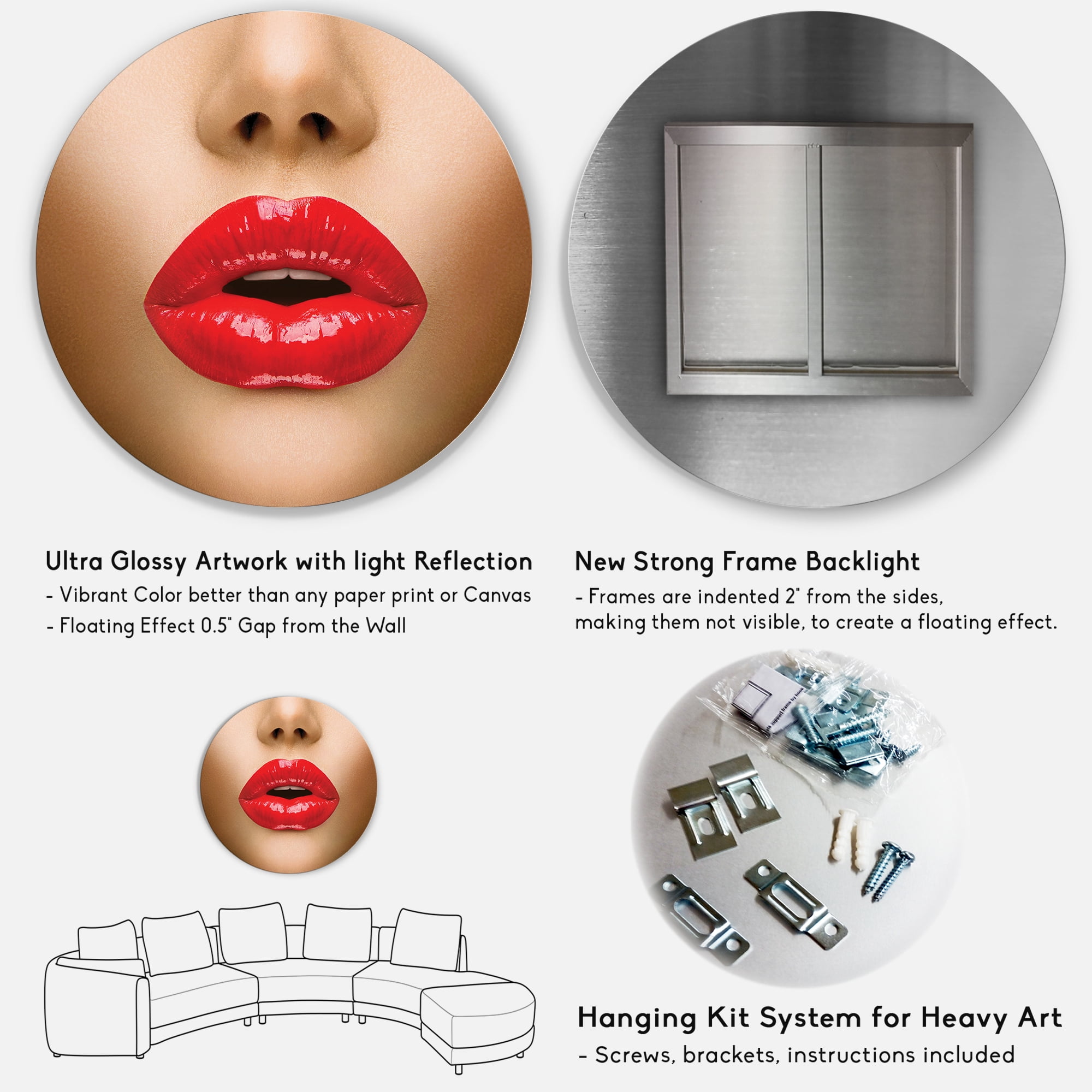 Designart 'Sexy Woman Lips Beautiful Make-Up Close-Up Kiss' Modern Circle Metal Wall Art 11x11 - Disc of 11