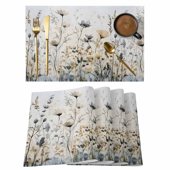 Watercolor Wildflower Placemats Set of 2, Spring Flower Botanical Vintage Farmhouse Non-Slip Place Mats Washable Table Mats for Kitchen Dining Table Decorations Indoor/Outdoor