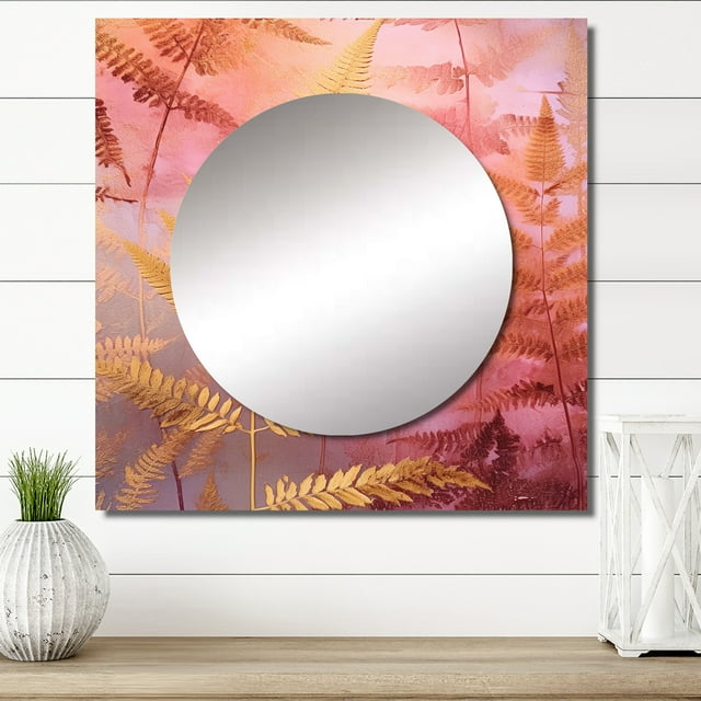 Designart "Gold Pink Fern Fonds Glamorous Foliage" Floral Square Mirror For Wall Decor - Large Gold Square Printed Wall Mirror Art - Square Modern Mirror - Wall Mounted Square Large Mirror
