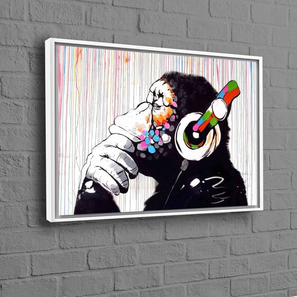 Stylish Banksy Thinking Monkey Dj Street Art Print in Black Frame for Unique Wall Decor and Animal Lovers
