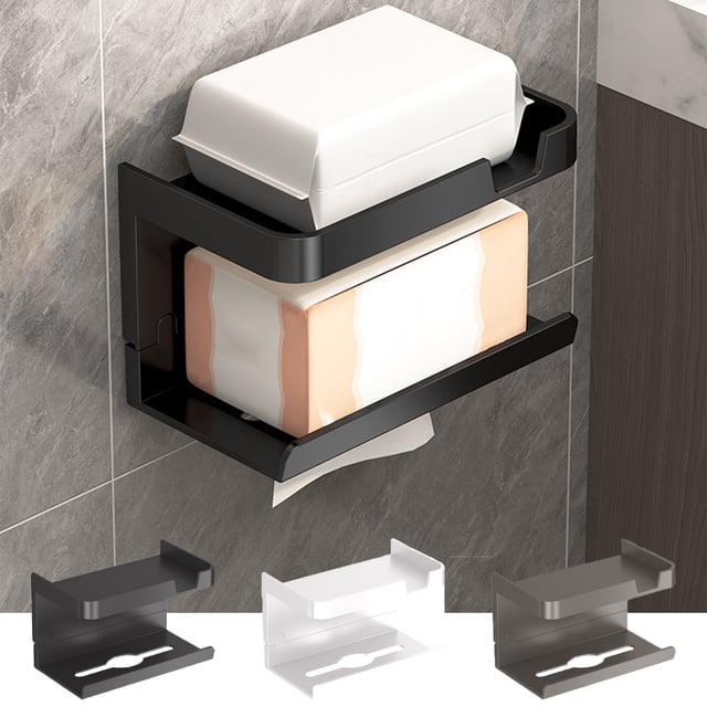 Soporte para papel higiénico montado en la pared | Plástico autoadhesivo resistente al óxido | Negro, Blanco Gris | 18x11x10cm | Acabado mate moderno | Estante curvo seguro | Instalación fácil