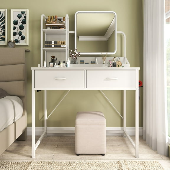 EnHomee Vanity Set with Mirror and Lights Vanity Desk with 2 Fabric Drawers & Charge Station Makeup Vanity Table with Lighted Mirror,White