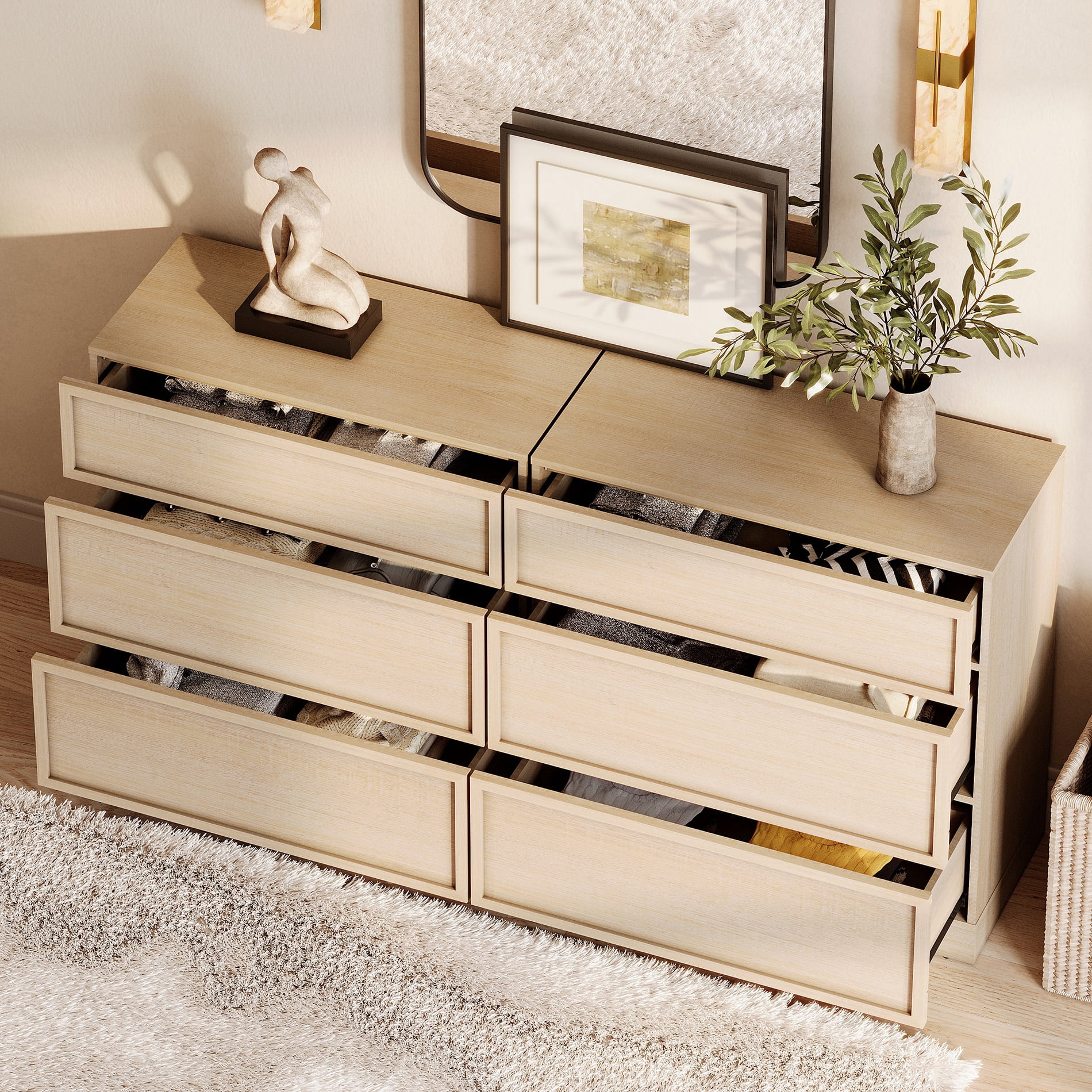 Modern 6-Drawer Wood Dresser, Handle-Free Push-Press Storage Chest with Solid Floor Base, Minimalist Storage Cabinet for Bedroom Living Room, Beige